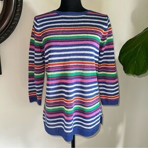 Talbots Petunia Striped 100% Linen Crewneck Sweater Ribbed Hem Side Slits MP